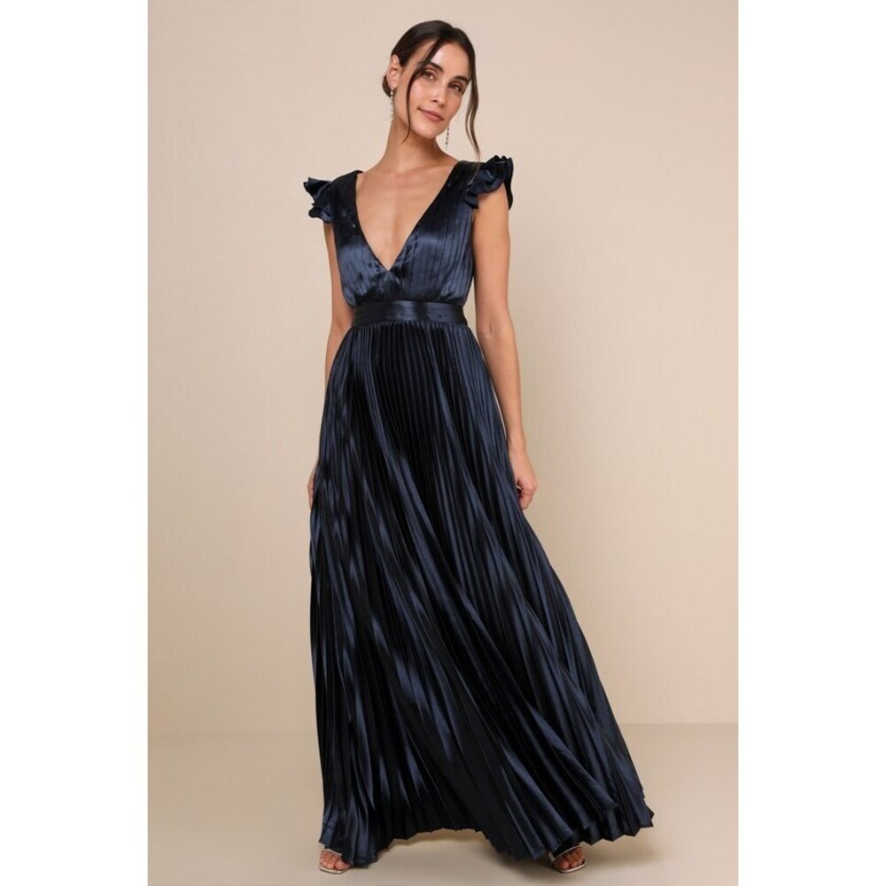 Lulus Exceptional Drama Navy Blue Satin Lace-up Pleated Maxi Dress - Size M
